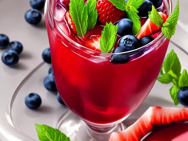 Glass of red drink with ice blueberries strawberries lemon lime and mint leaves ai generated