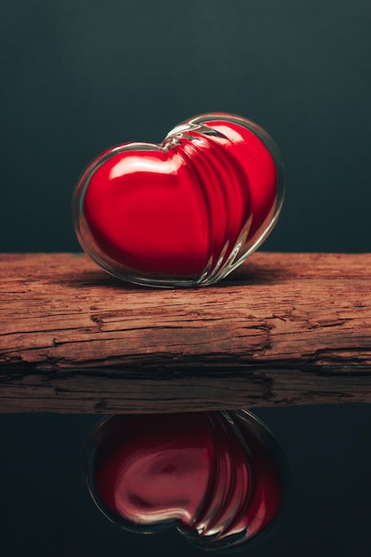 Glass red heart on a old wooden table Beautiful dark background