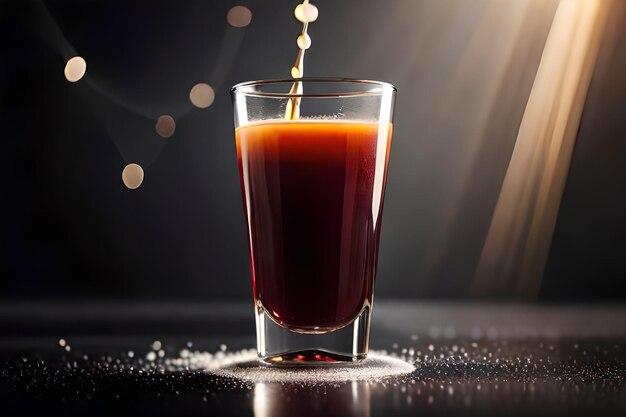 A glass of red juice is poured into a glass with a splash of orange juice