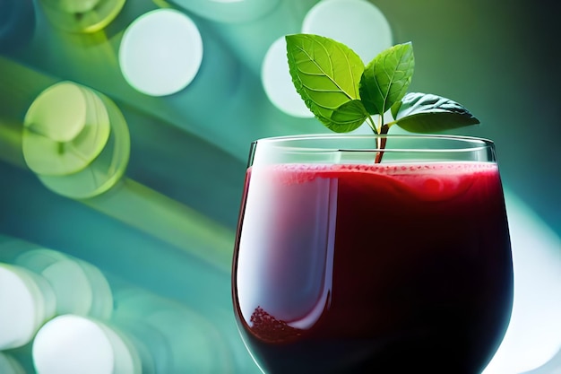 A glass of red juice with a green leaf on it