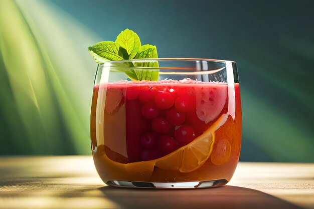 a glass of red juice with a green leaf on the top.