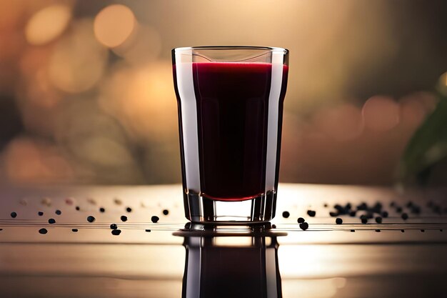 a glass of red juice with seeds in it and a reflection of a light in the background.
