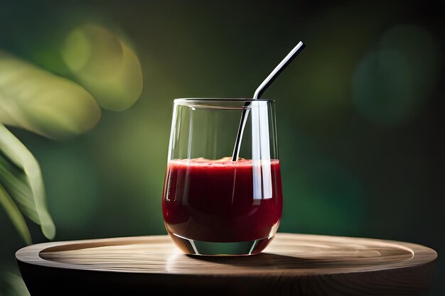 a glass of red juice with a spoon in it