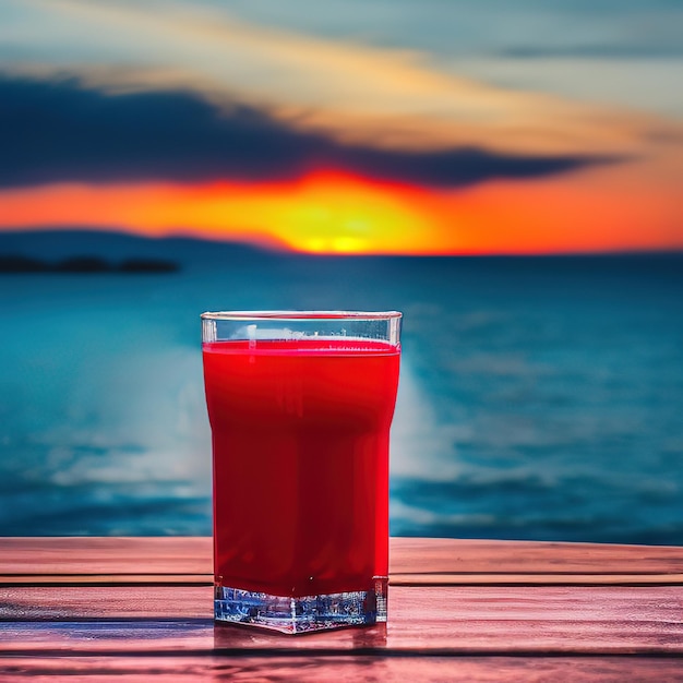 A glass of red juice on a wooden surface on the seashore 3drendeirng