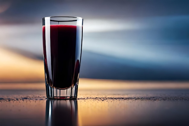a glass of red liquid sits on a table.