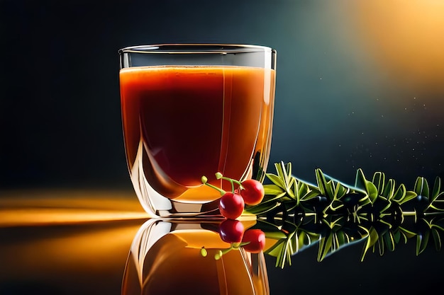 a glass of red liquid with berries on the bottom.