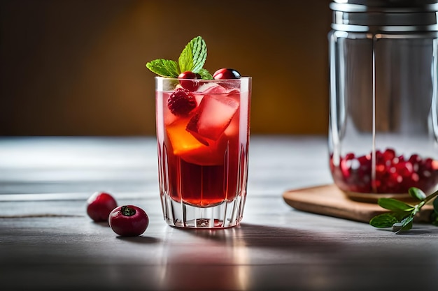 A glass of red liquid with berries on the table