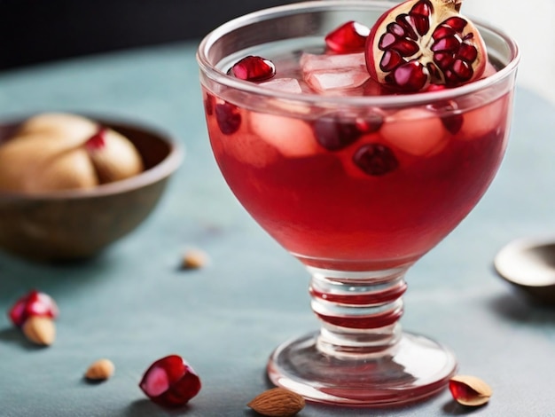 a glass of red liquid with a bunch of seeds on the table