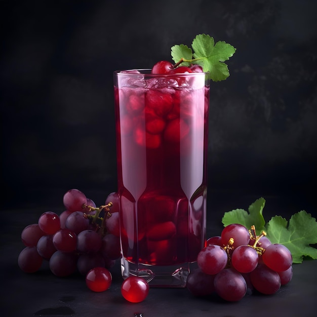 A glass of red liquid with grapes and leaves