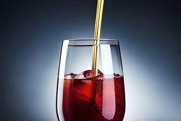 a glass of red liquid with ice and ice cubes in it.