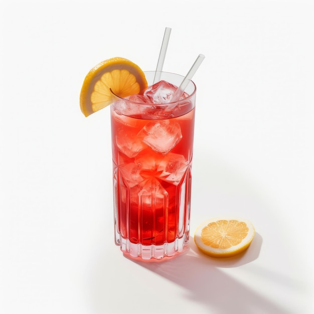 赤い液体のグラスと氷とレモンのスライス