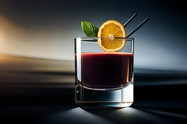 a glass of red liquid with a lemon wedge on top.