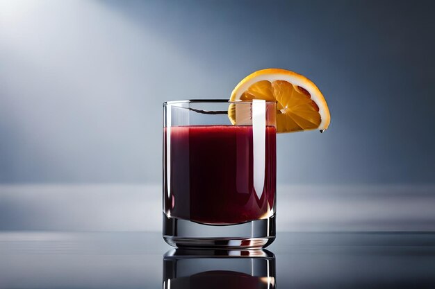 a glass of red liquid with a orange slice in it.