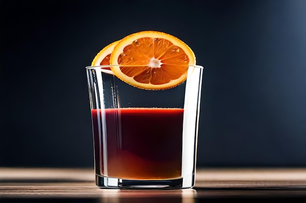 a glass of red liquid with orange slices in it.