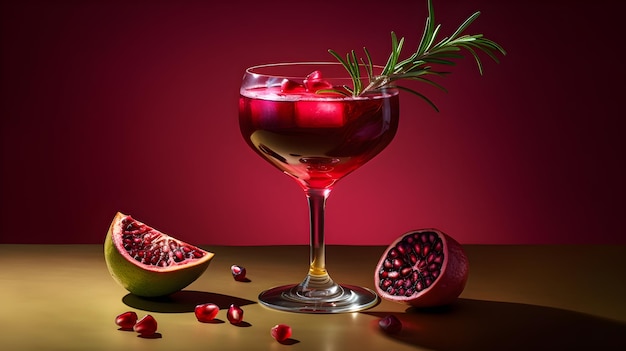 A glass of red liquid with a rosemary leaf and a cut pomegranate