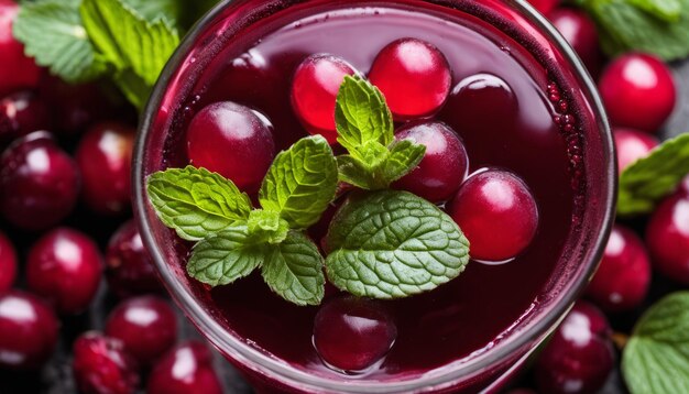 A glass of red liquid with a sprig of mint on top