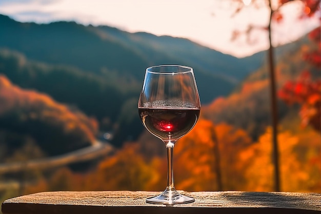 Glass of red wine against mountains background AI Generative