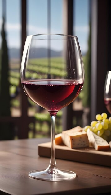 A glass of red wine on a background of cheese and a window