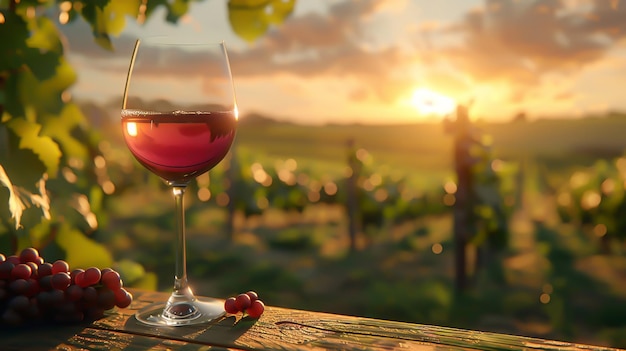 A glass of red wine on the background of a vineyard