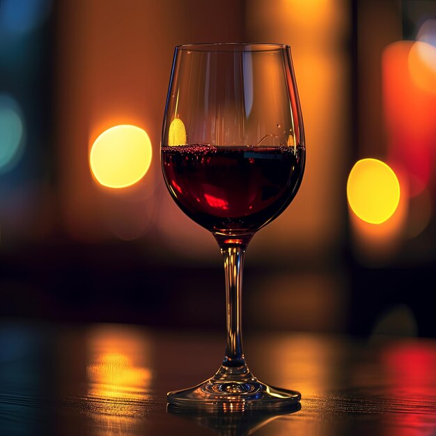 A glass of red wine on a bar counter on a blurred background