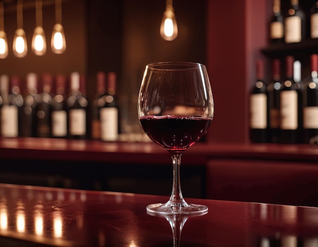 A glass of red wine in a bar