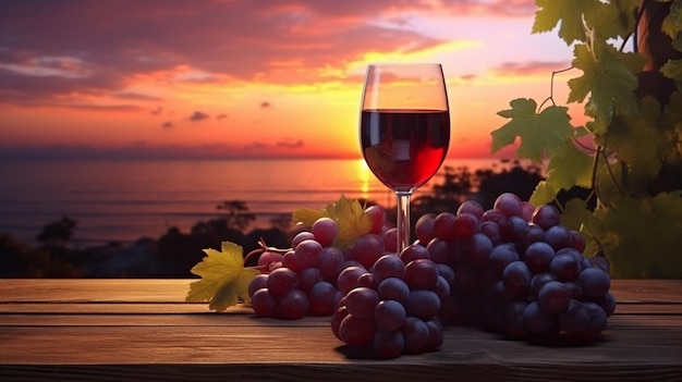 glass of red wine and blue grapes on white wooden table background