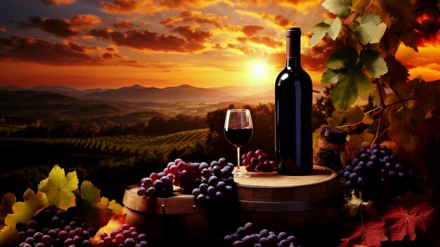 Photo a glass of red wine and a bottle of wine against the backdrop of a vineyard mockup and template for the design of wine