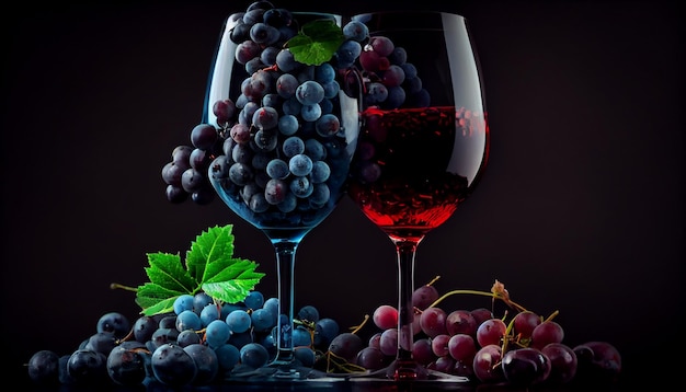 Glass of red wine and bunch of grapes on black backgroundgenerative ai