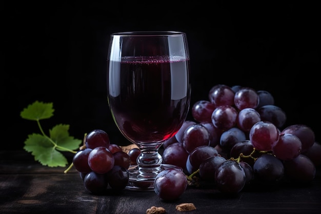 A glass of red wine and a bunch of grapes on a table