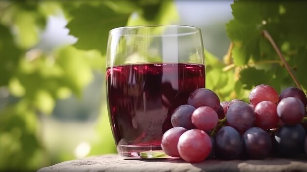A glass of red wine next to a bunch of grapes