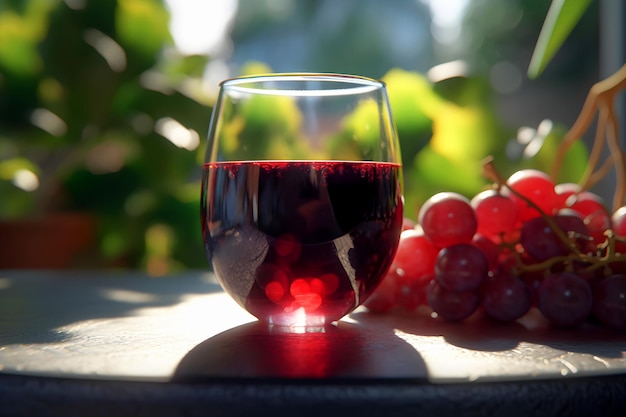 Glass of red wine and bunch of ripe grapes on table in sunlight Harvesting and viticulture concept Growing organic grapes for the production of red wine Harvesting grapes