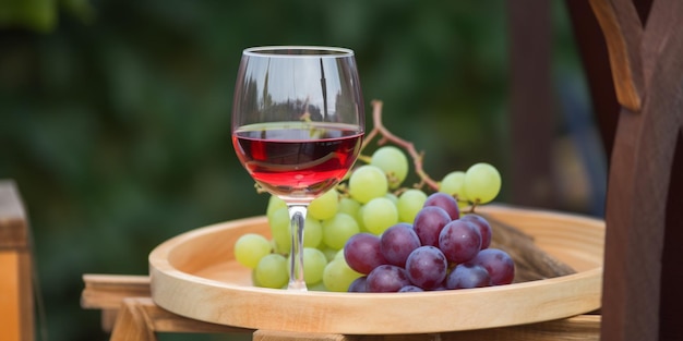 A glass of red wine and grapes on a tray