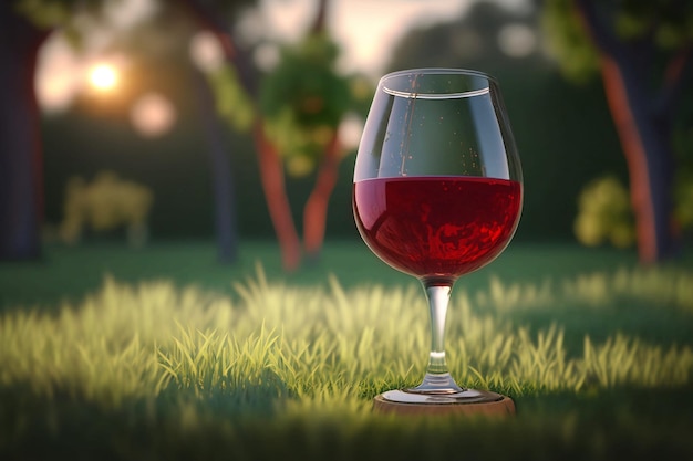 Glass of red wine on green grass