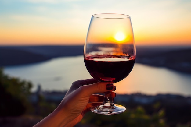 Foto un bicchiere di vino rosso in mano sullo sfondo della generazione di ia al tramonto