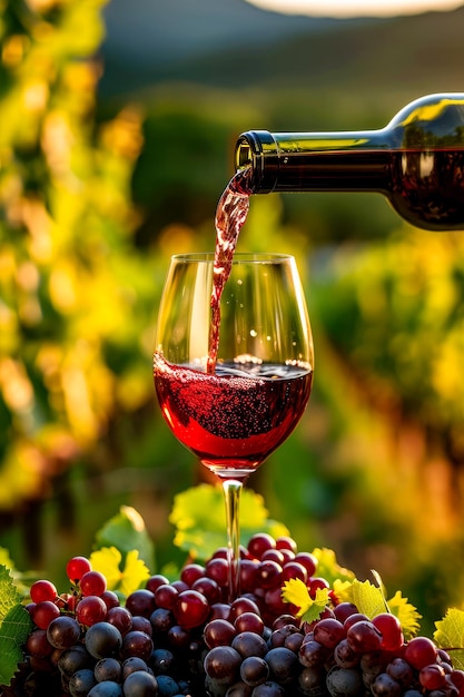 Стекло красного вина наполняется из бутылки с частью вина, уже находящегося в стакане.