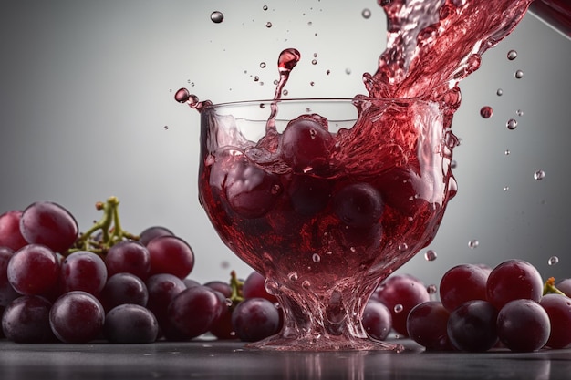 A glass of red wine is being poured into a bowl with grapes in the background.