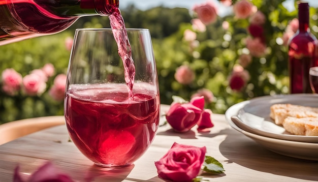 빨간 와인 한 잔 이 분홍색 액체 로 가득 차 있다