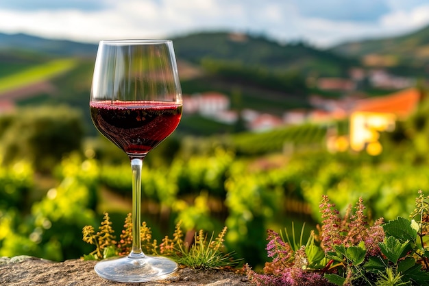 Склянка красного вина сидит на скале с цветами и зелеными растениями на заднем плане