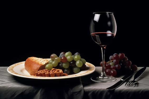 A glass of red wine and a plate of food with grapes on it.