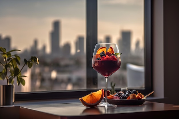 A glass of red wine and a plate of fruit on a table with a cityscape in the background