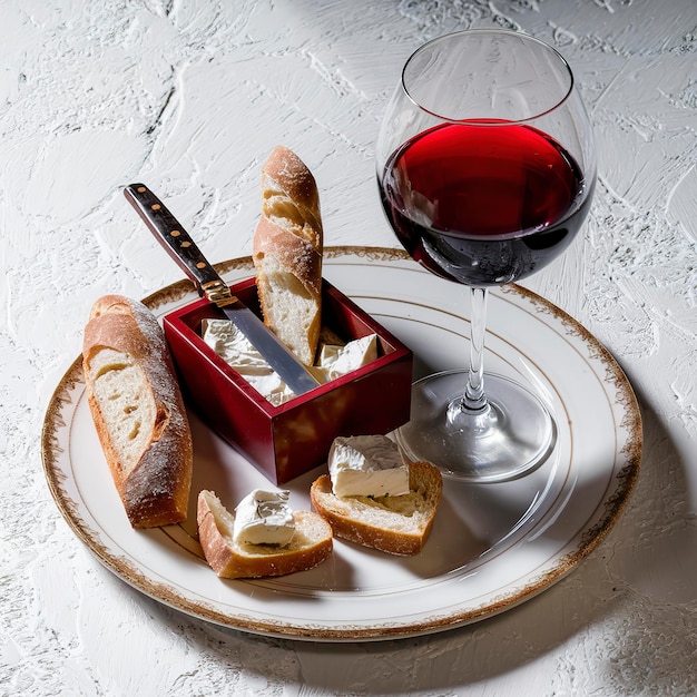 Photo glass of red wine served with cheese camembert and french baguette over white texture background