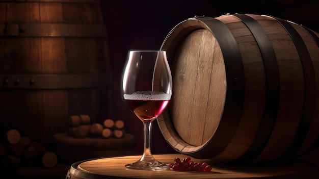 A glass of red wine sits next to a barrel with a red cloth on it.