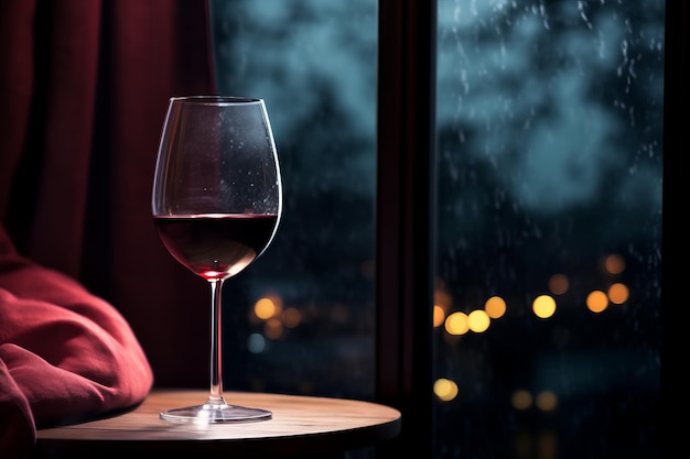 Склянка красного вина на столе возле окна с каплями дождя