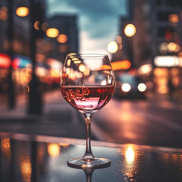 街のカフェのテーブルの上にある赤ワインのグラス街の混雑した車の交通信号灯の夕方