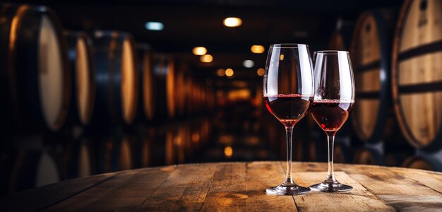 樽のあるセラーのワイン保管庫の背景をぼかした赤ワインのグラス 生成 AI