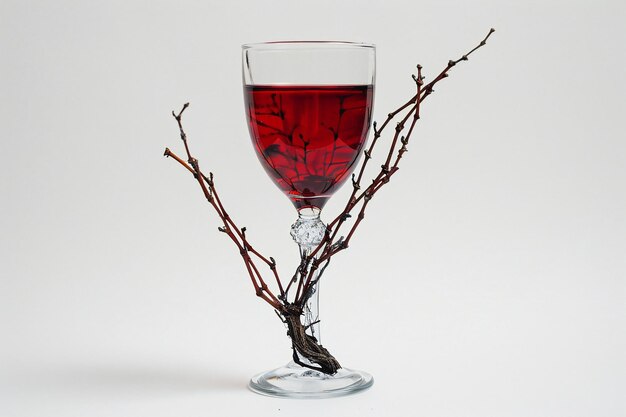 Glass of red wine with a branch of a tree on a white background