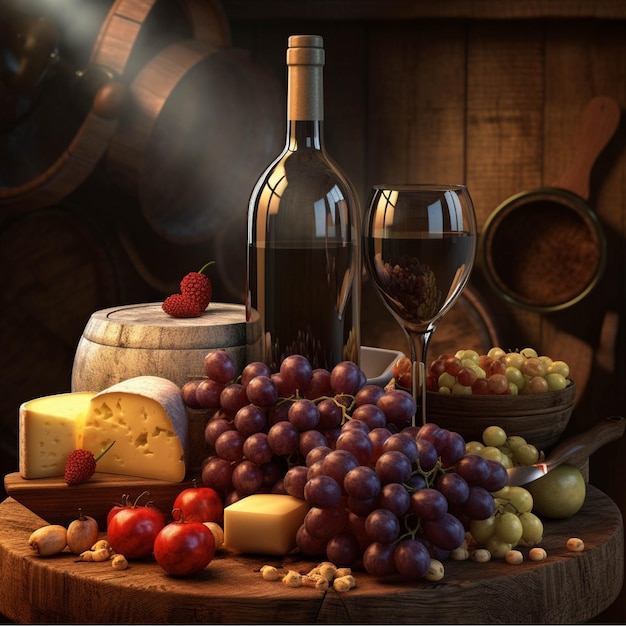 Glass of red wine with cheese grapes and crackers on wooden board