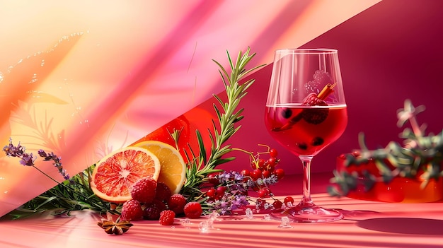 glass of red wine with fruits and berries on a pink background Generative AI illustrations
