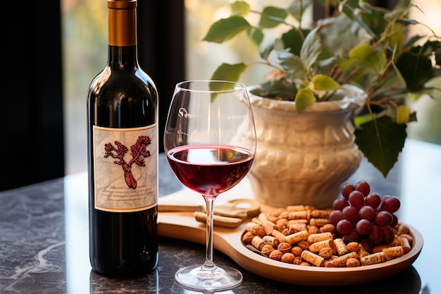 стакан красного вина с виноградной бутылкой свежего вина и вином на размытом фонегенеративный ИИ