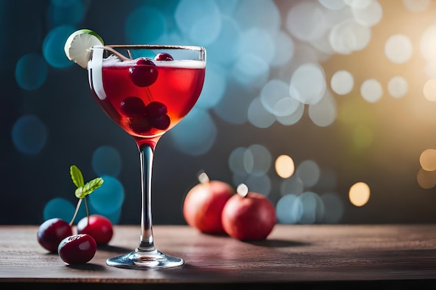 a glass of red wine with a green leaf on the side.